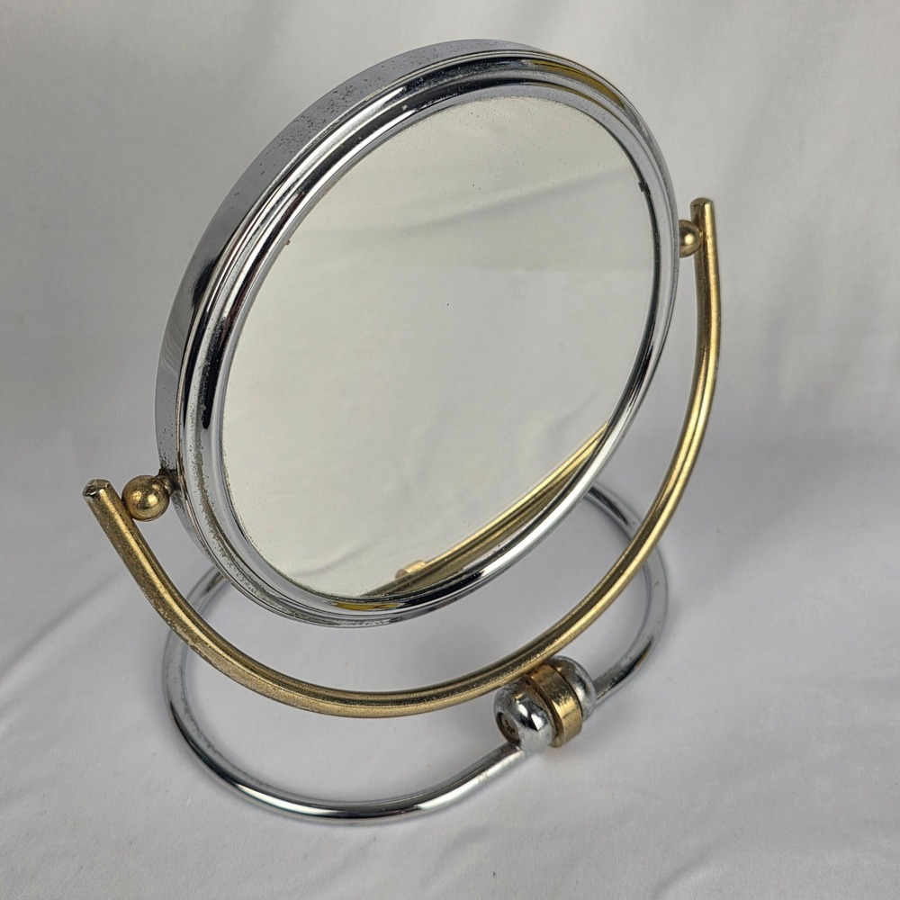 Vintage 5" Double Sided Folding Magnifying Travel Vanity Mirror MCM Chrome Brass - Picture 4 of 13
